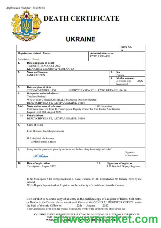 Ukraine death certificate Word and PDF template